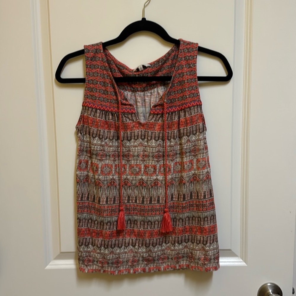 Lucky Brand orange and brown v neck tank with tassels size small